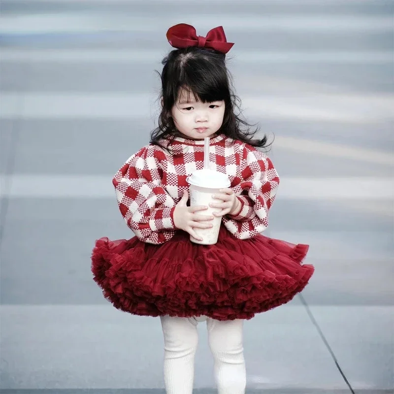

Spring Autumn Kids Girl Sets Long Sleeves Bishop Sleeve Plaid Pullover Sweater Knitwear Shorts Solid Color Mesh TUTU Skirt H2201