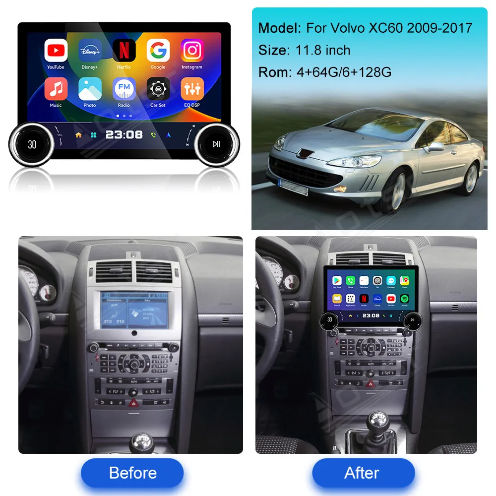 Carplay Rádióadó számára Peugeot 407 2004-2008 autó Rádióadó dvdt Multimédia videó Játszadozó android automat GPS Kormánymű carplay DSP 4G WIFI