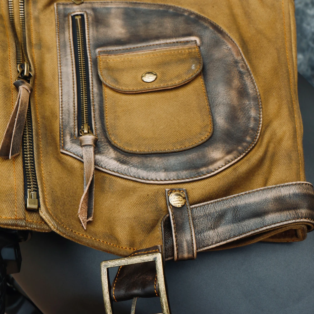 Tailor Brando Authentic! J-151 High Quality Japanese Hyogo Cowhide Stitching 22OZ Oil Qax Canvas Retro Motorcycle Vest 4