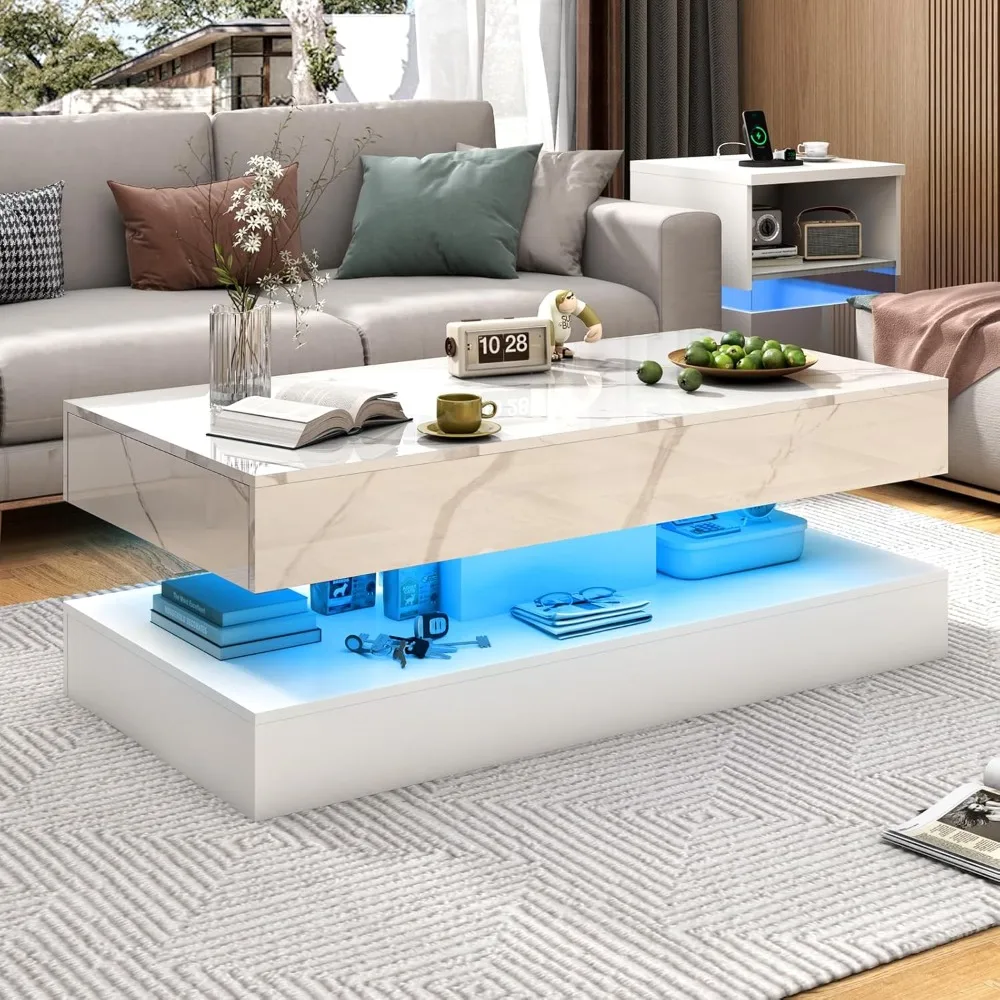 47.2 Large High-Glossy LED Coffee Table with 2 Sliding Drawers, Living Room Storage Coffee Tables with Marbling Print