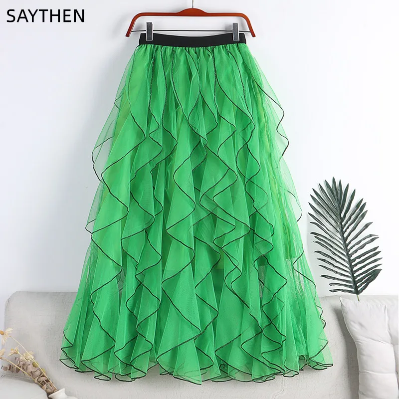 

SAYTHEN 2022 Spring Summer New Solid Color Elastic High Waist Wavy Mesh Mid-Length A-Line Large Swing Women Skirt YS22530