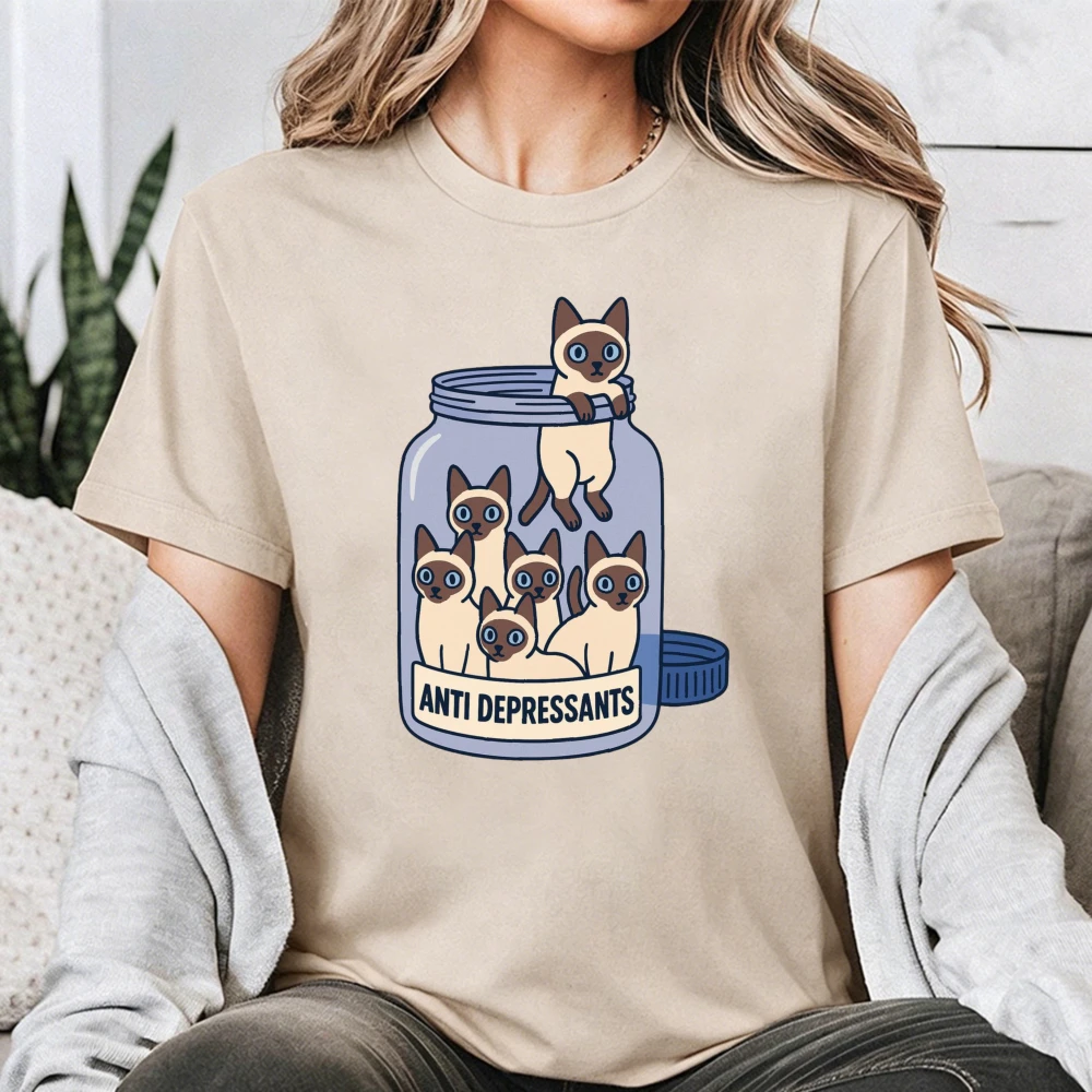 Siamese Cat Graphic T-Shirt - Cotton Summer Top with Mental Health Humor