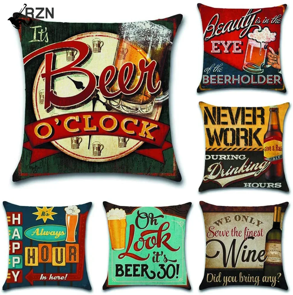 

Vintage Beer Bottle Cartoon Pillow Case Alphabet Beer Printed Throw Pillow Vintage Home Decorative Cotton Linen Pillow Case