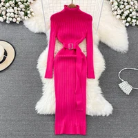 YuooMuoo Ins Hot Turtleneck Sexy Wrap Hips Knitted Dresses Women 2025 Autumn Winter Long Sleeve Bodycon Sweater Dress with Belt - Image 3