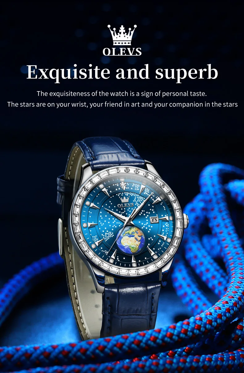 céu estrelado luxo, mostrador diamante globo, relógio de couro azul