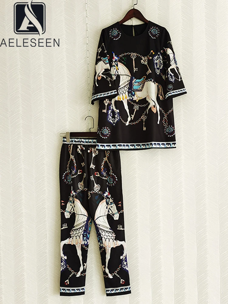 

AELESEEN 2022 Women Designer Fashion 2 Pieces Set Loose Horse Printed Top+Full-Length Pants Casual Holiday Party Black White Set