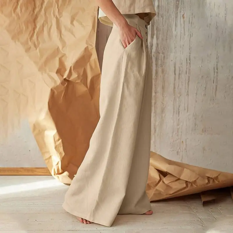 Women Clothes 2024 Spring Korean Fashion High Waist Wide Leg Pants Casual Button Pockets Solid Trousers Female Loose Pantalones