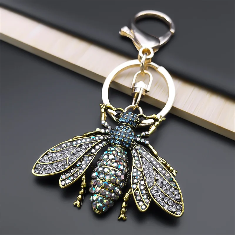 Strass Biene Flügel Schlüsselbund für Frauen Männer Metall Gold Farbe Insekt Tier Anhänger Schlüssel Ringe Schmuck porte clefs luxe KS06 – Detail 8
