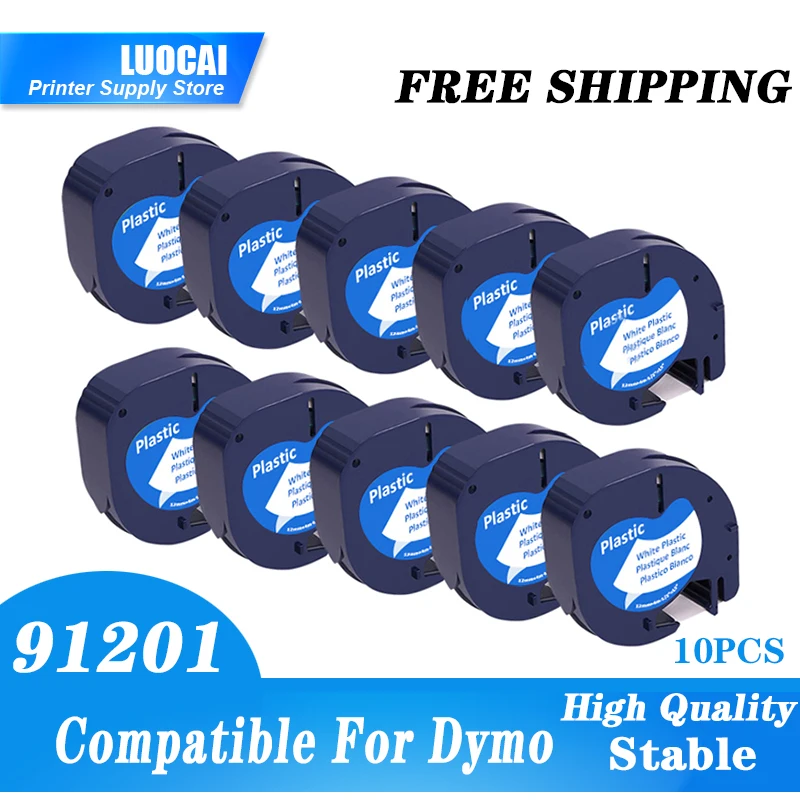 10PCS Compatible Dymo LetraTag 91201 Black on White (12mm x 4m) Plastic  Label Tapes 91201 91221 59422 S0721660 Label Printers