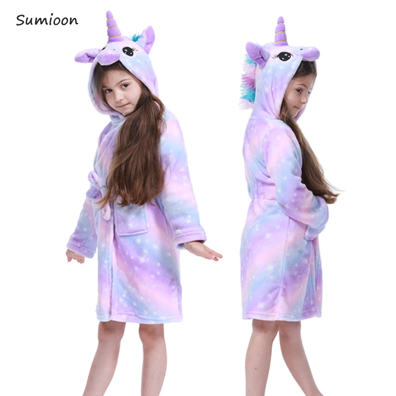 Winter Kids Bathrobe Animal Cartoon Unicorn Bath Robe Cute Hooded Bathrobes For Children Flannel Pajamas Boys Girls Robes