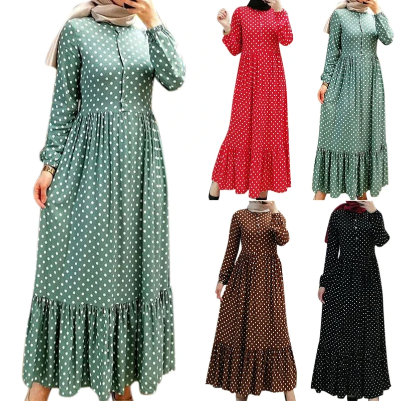 2023 New Islam Abaya Dress Print Abayas for Women Polka Dot Loose Elegant Long Skirt Kaftan Isamic Clothing Europe and America