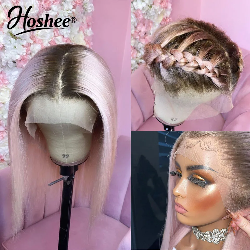 Ombre Light Pink Short Bob Wigs Human Hair For Women 13X4 Lace Frontal Bob Wigs Colored Part Lace Pre-Plucked