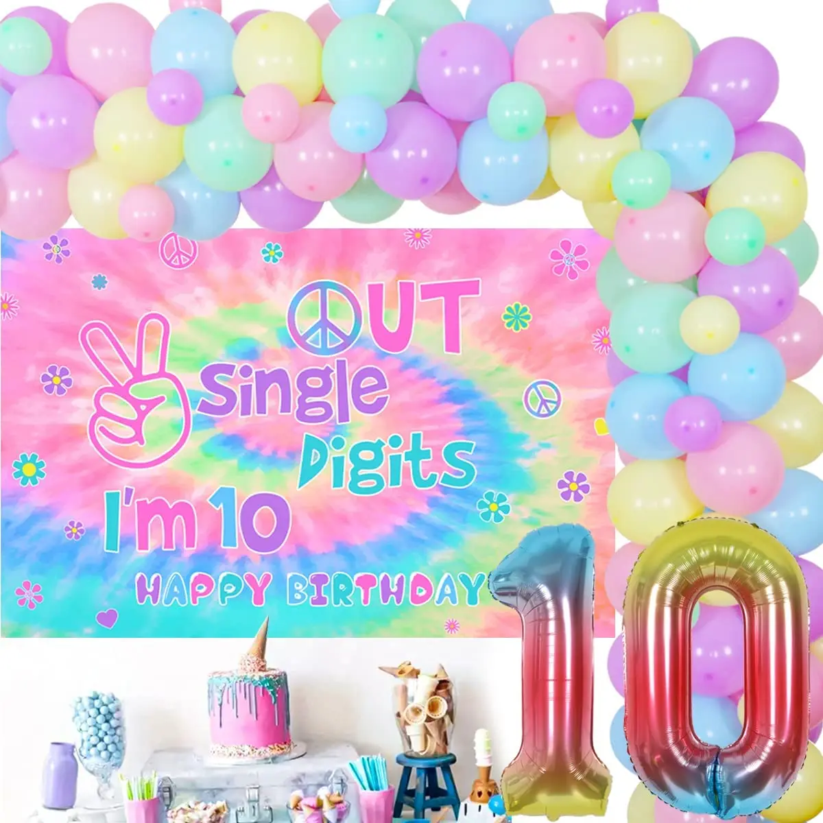 Cheereveal Tie Dye 10th Birthday Party Decorations for Girls Single Digits  Backdrop Hippie Theme Macaron Balloon Garland Kit