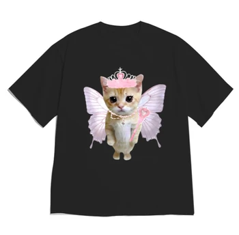 Cute Fairy Cat Graphic T-Shirt Kawaii Princess Cat Tee Casual Short Sleeve for Women Girls Stylish Versatile Korean Style Simple 1