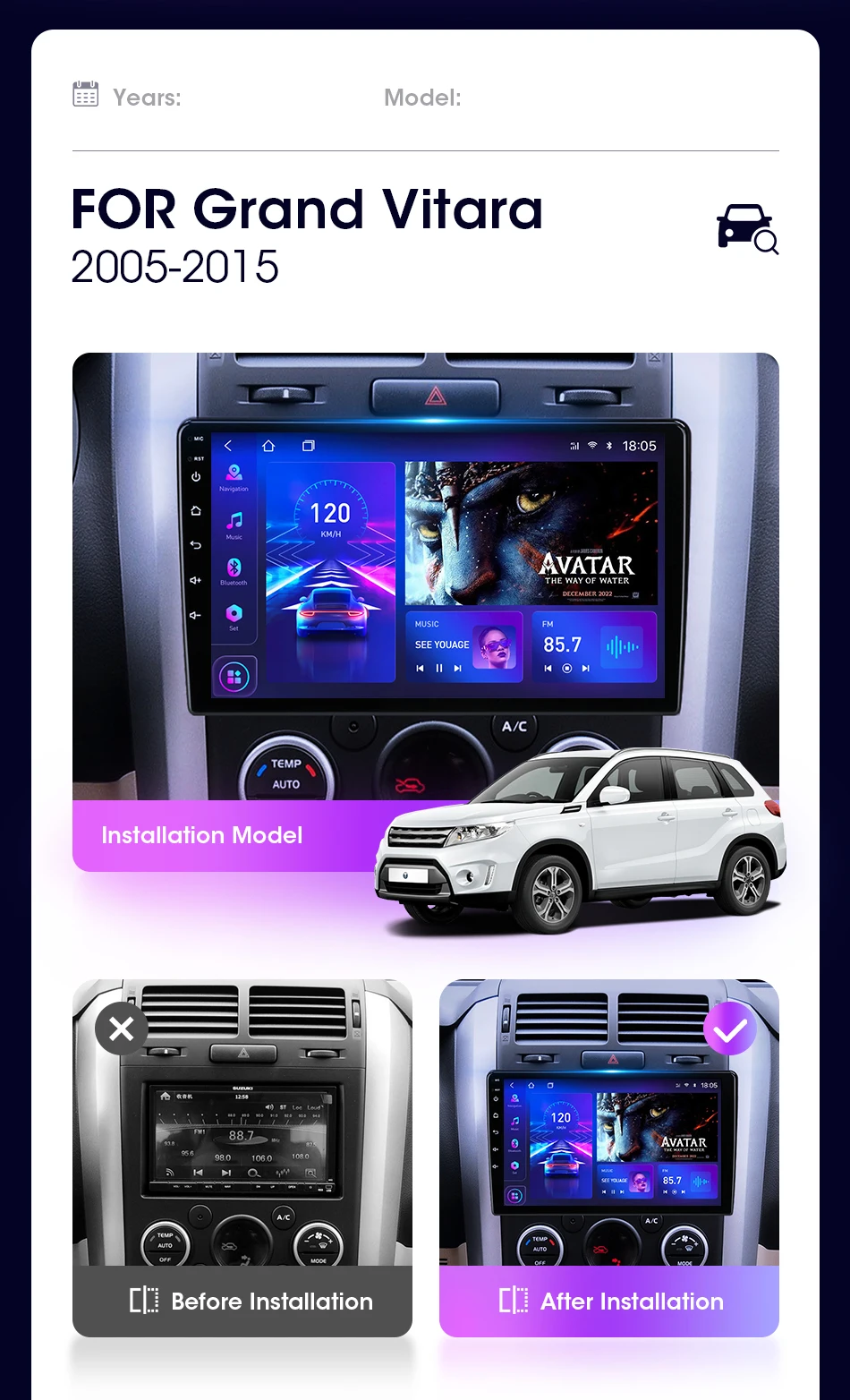 2 Din Android 12 Car Radio For Suzuki Grand Vitara 3 2005-2012 2013 2014 2015 Stereo Multimedia Video Player Navigaion Carplay