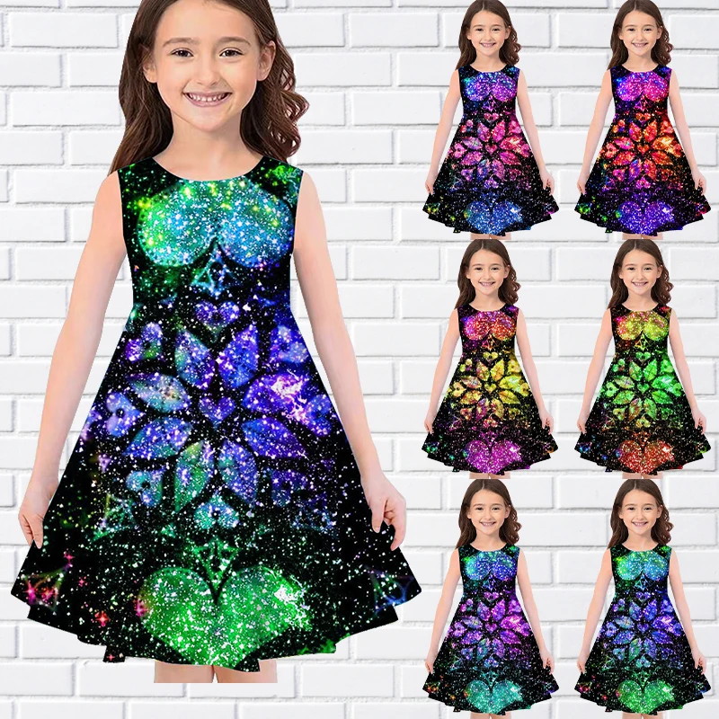 

2022 Kids Little Girls Sleeveless Dress Girls Tank Dress 3D Flowe Print Daily Casual Cute Sweet Over Knee Party Dress 70-180cm