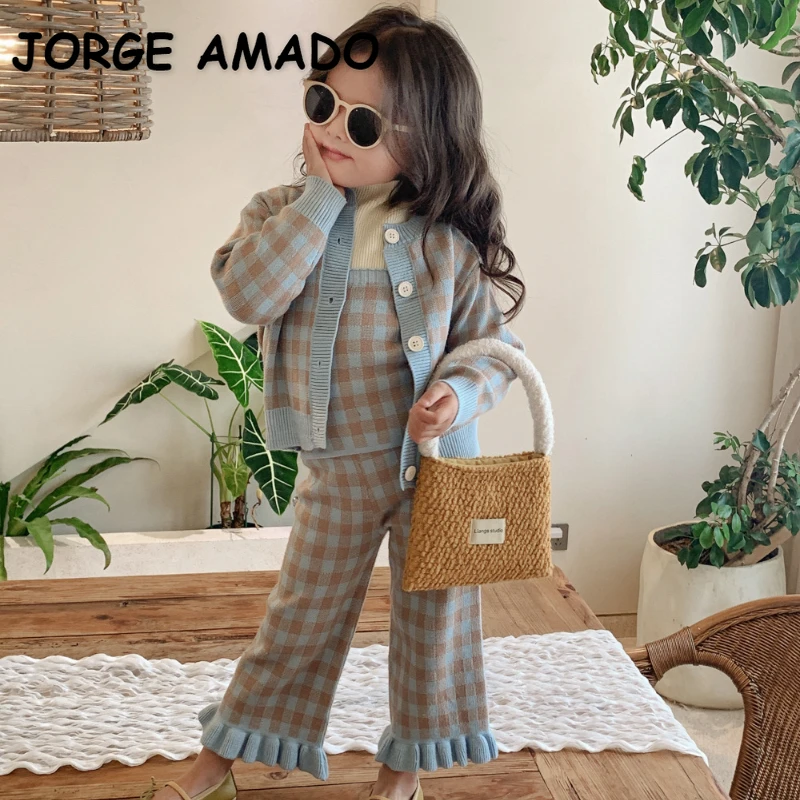 Spring and Autumn Girls Cute Color Patchwork Long Sleeves Single Breasted Top and Pants Clothing Set main image 0
