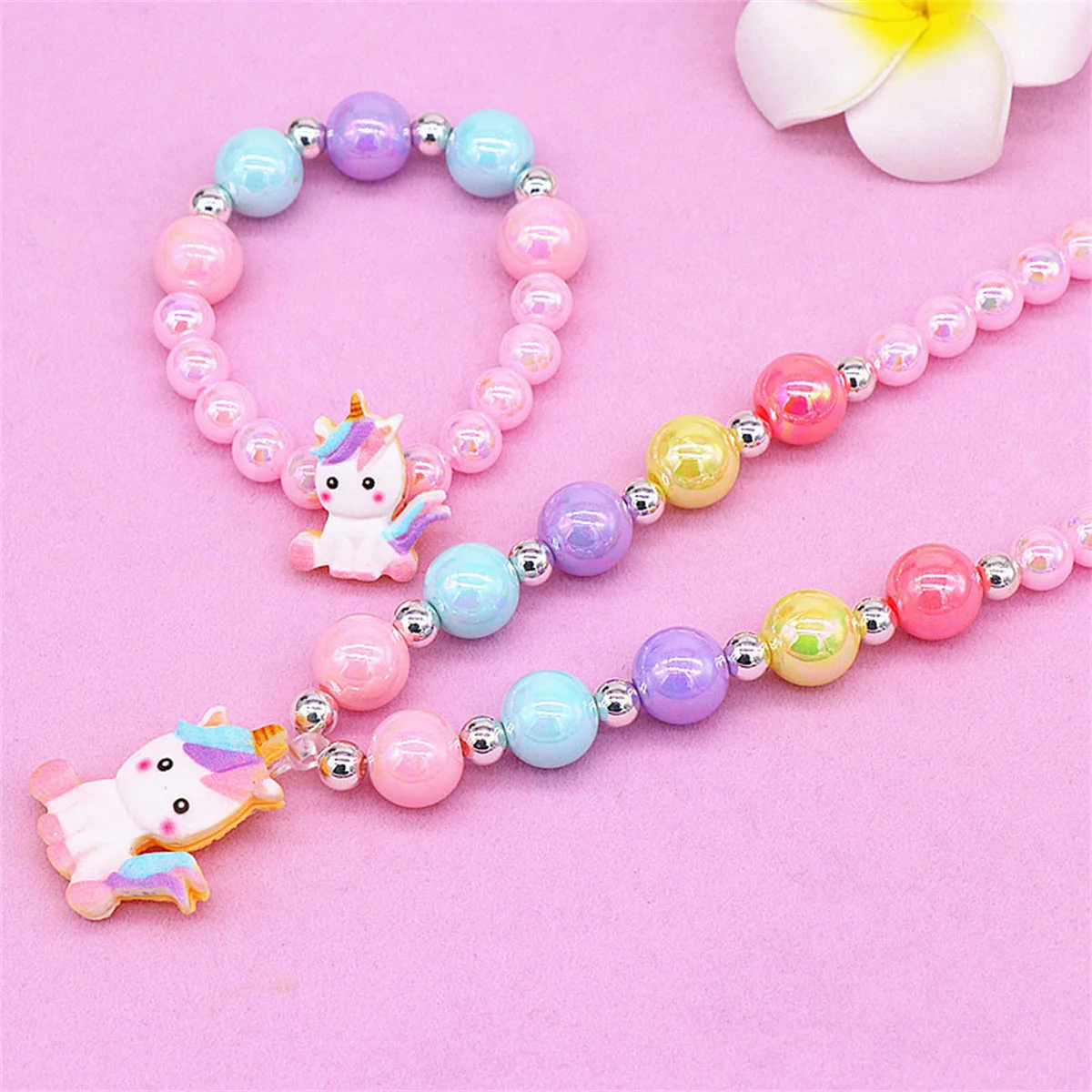 Unicorn Kids Jewelry Set 6pcs Elastic Necklace Bracelet Clip on Earrings Rings for Little Girls Birthday Dressup Costume 6