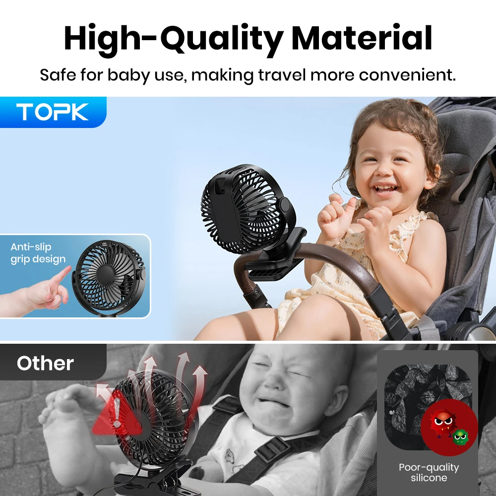TOPK Clip on Fan 5000mAh Rechargeable Small Portable Clip Table Fan with LED Display 720° Rotation Ultra-Quiet Desk Fans 6