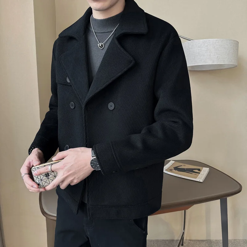 M-3XL Winter New Trend Mens Fashion Casual Jacket Double Breasted Long Sleeved Lapel with Cotton Thickened Wool Solid Loose Coat