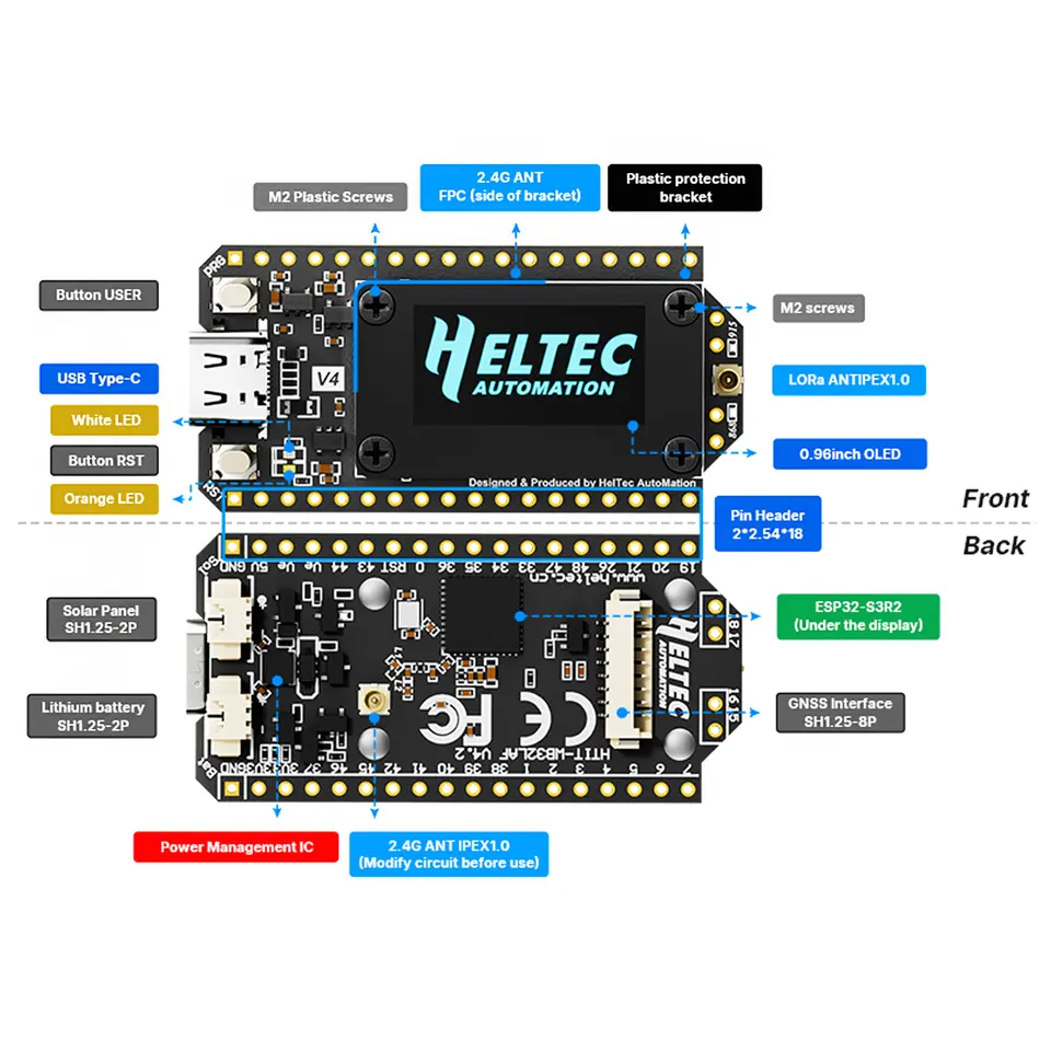Heltec WiFi LoRa 32 V4.3 863-928MHz ESP32S3+SX1262 BLE LoRa Node, Meshtastic and LoRaWAN 0.96 inch OLED Solar Powered Dev-Board image 2