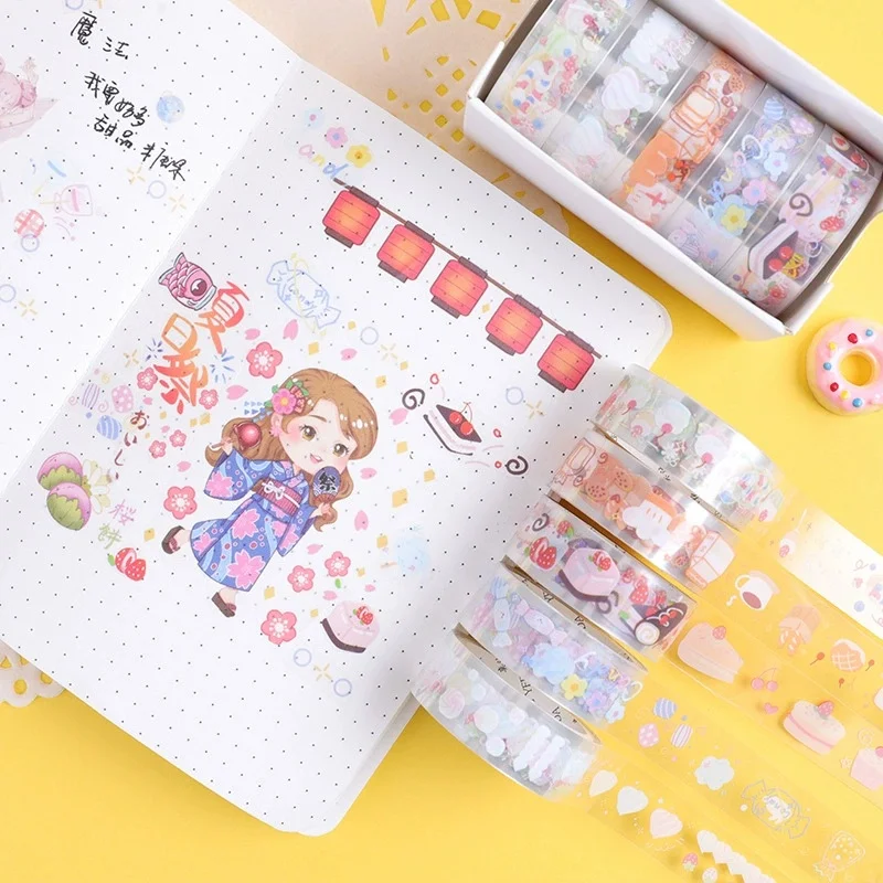 5 롤의 투명 PET 테이프 꽃 와시 테이프 학생 문구 용품 수제 DIY 장식 테이프