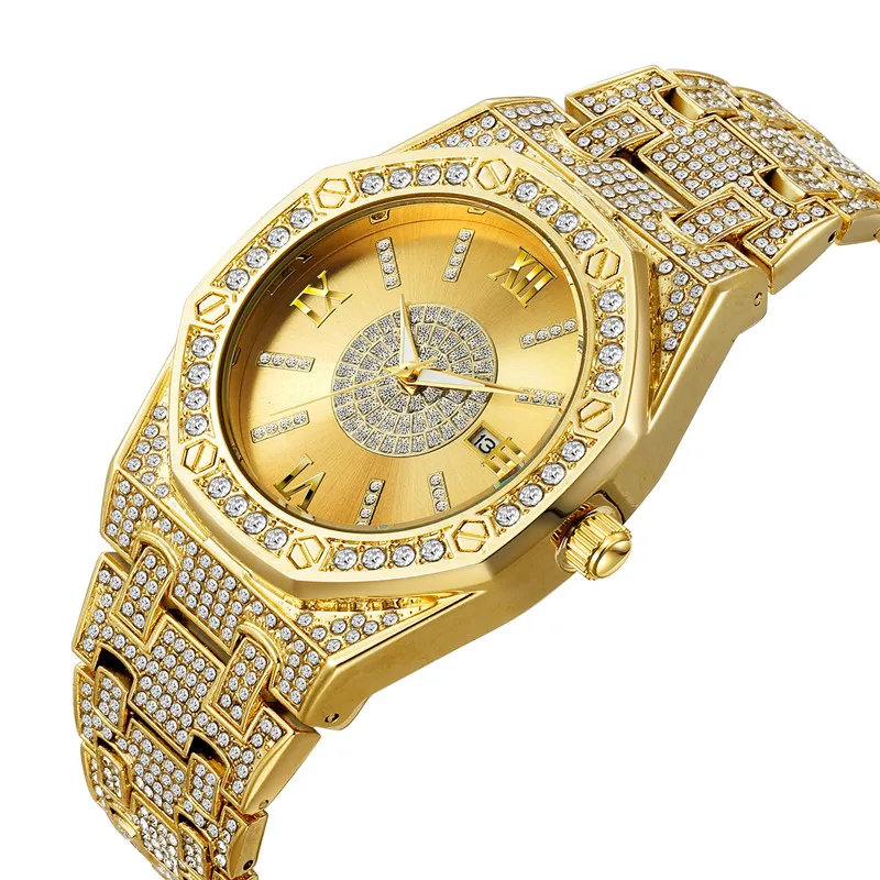 1pc / lot Cool Brand Watches For Men Hip Hop Full Diamond Golden Alloy Band Calendar Quartz Watch Relogio Masculino Ouro 2024