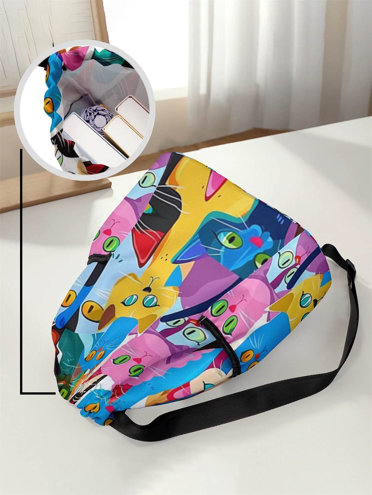 Cute Cat Pattern Printed Drawstring Backpack - Large Capacity Durable Fitness Bag, Sports Beach Backpack