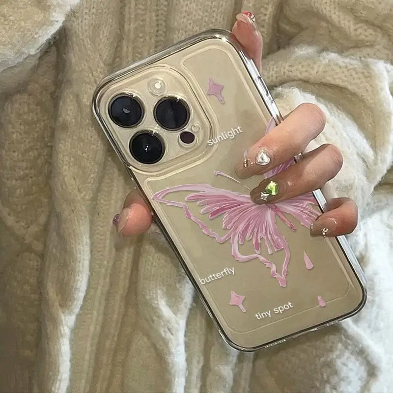 Pink Butterfly Pattern Transparent Shockproof Phone Case