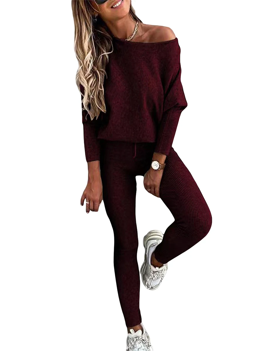 

Женский спортивный костюм из двух предметов, однотонный топ с открытыми плечами и длинными рукавами и длинные облегающие брюки с Кулиской