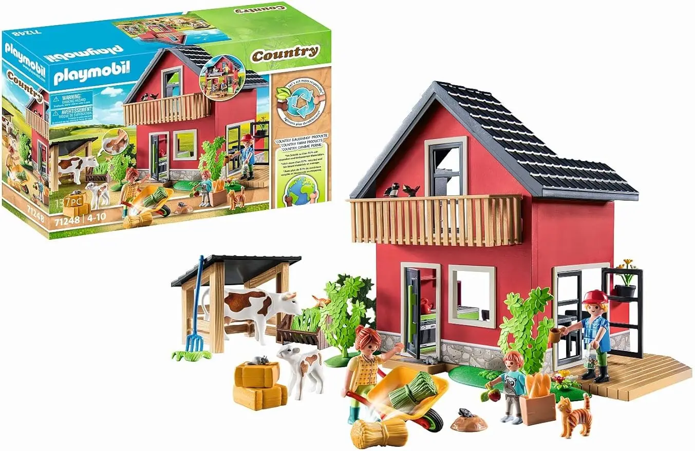 

Farmhouse with Outdoor Area,Set includes three figures,cow,calf,two cats,and other accessories. Recommended for ages four to ten