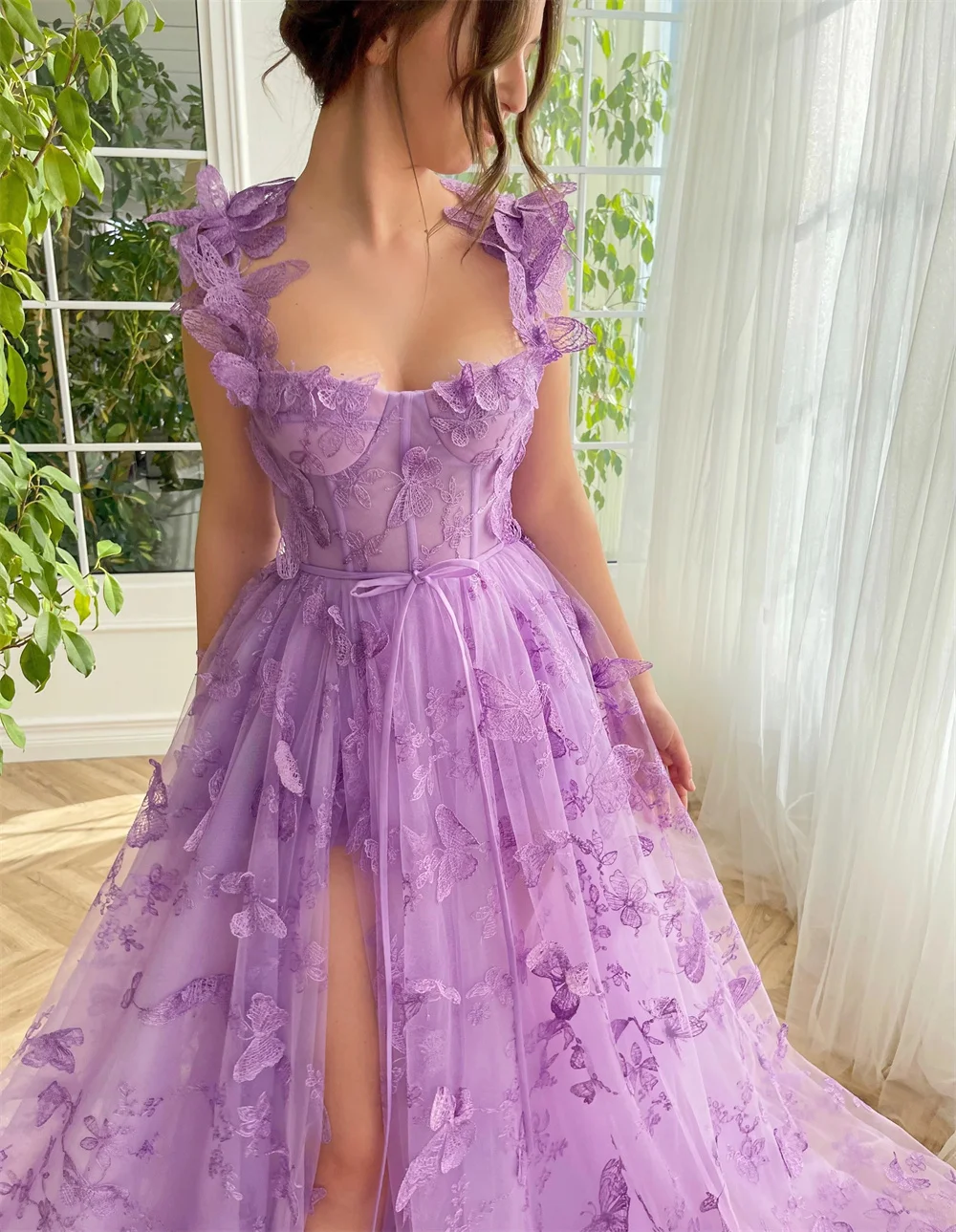Cathy Purple Prom Dresses Lace Embroidery Tulle فساتين السهرة Elegant Sleeveless 3D Butterfly Floor-Length vestidos verano moda