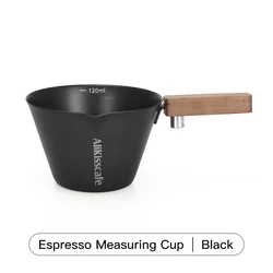 Elegant Stainless Steel Espresso Pouring Cup with Wood Handle & Precise Scale - 120ml (Black)
