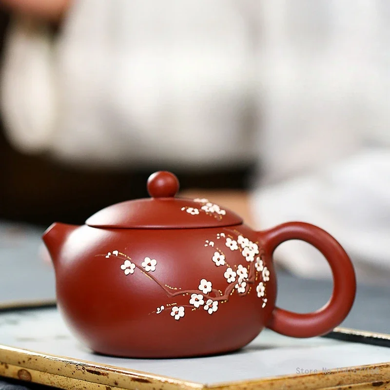 Chinese Style Plum Blossom Pattern Teapot, Purple Clay Raw ore Dahongpao, Kung Fu Household, Handmade, 250ml Xishi Pot, New, 1Pc