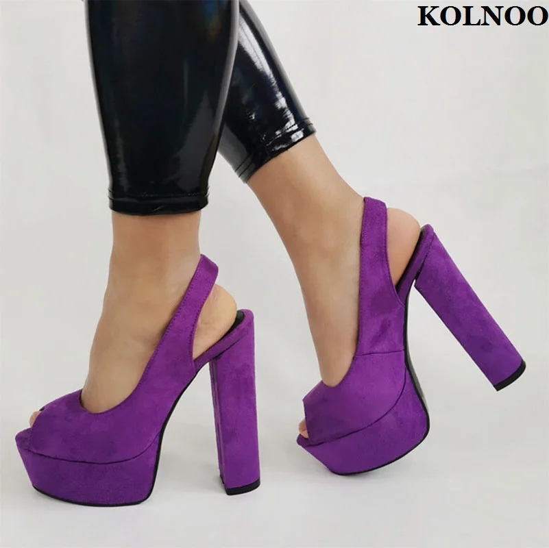 Kolnoo Handmade Ladies Chunky Heels Sandals Real Photos Slingback Peep-toe Summer Sexy Shoes Evening Party Fashion Purple Shoes