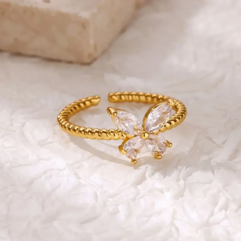 Zircon Butterfly Rings for Women Stainless Steel Adjustable Shiny Butterfly Ring