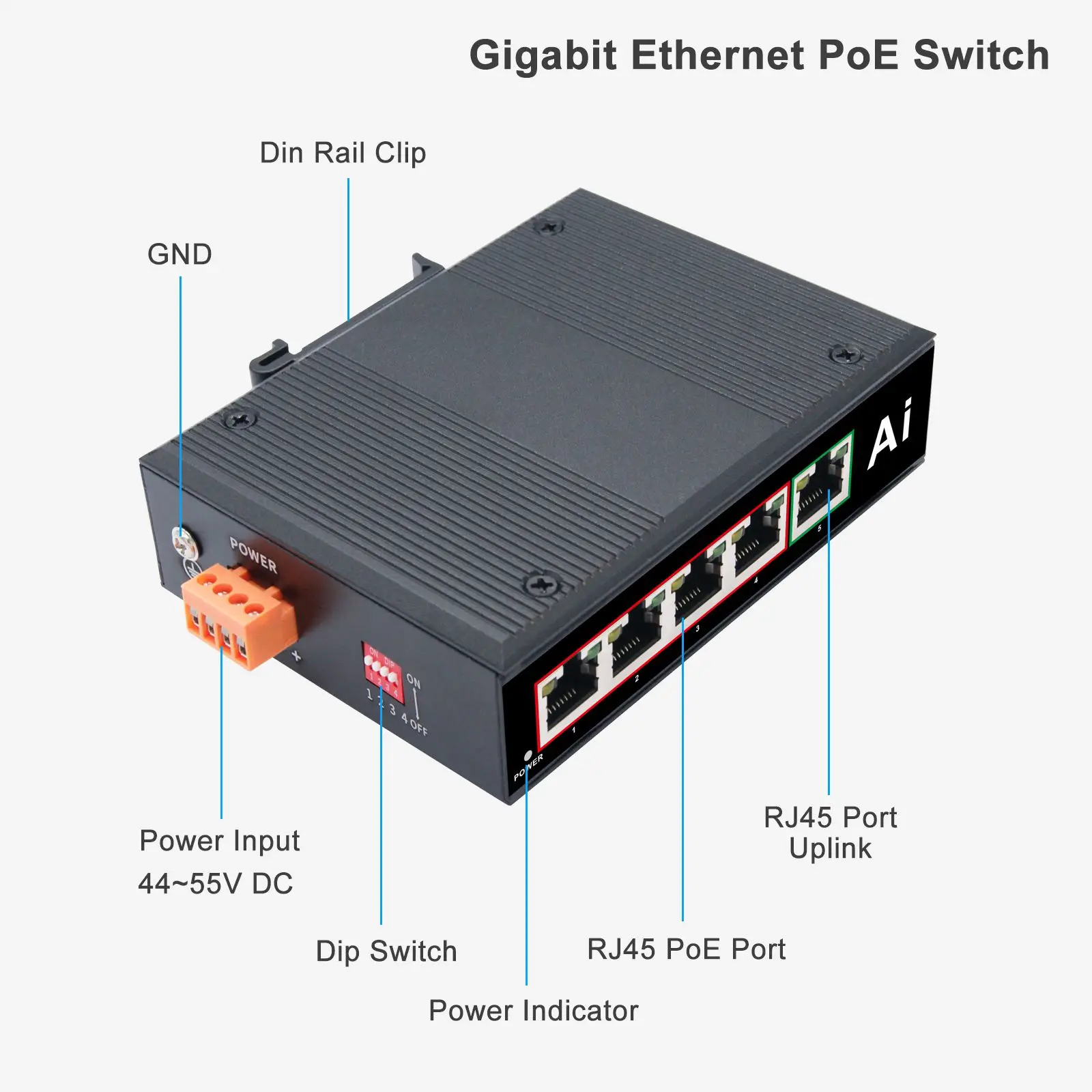 Industrial 5 Port Gigabit Ethernet Switch 4RJ45 + 1SFP Network PoE+ Switch Din-rail Mount 802.3af/at Din Rail Ethernet