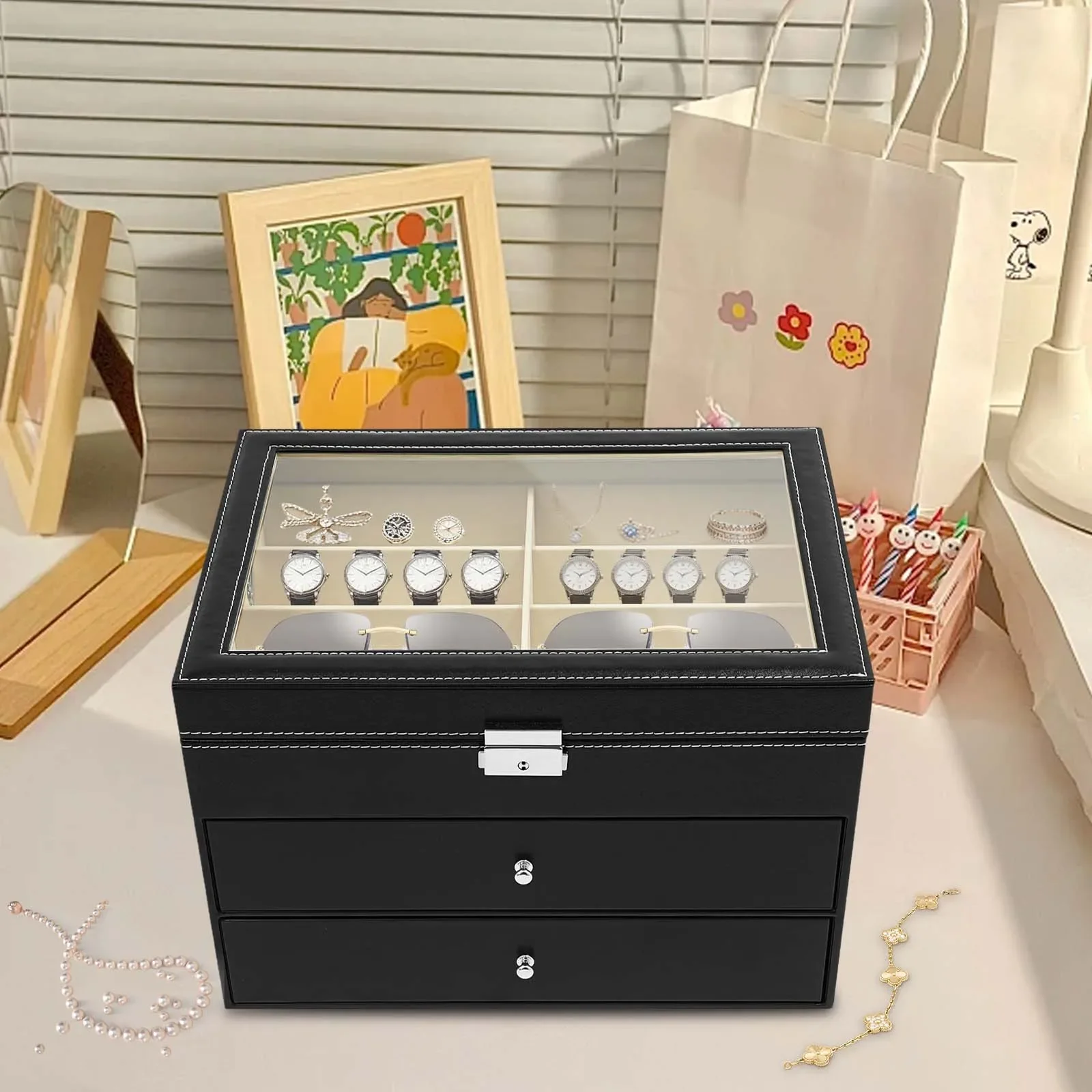 Sunglasses Storage Watch,24 Glasses Storage Glasses Box Glasses Case with Glass Display Window,Jewelry Stackable Storage Box