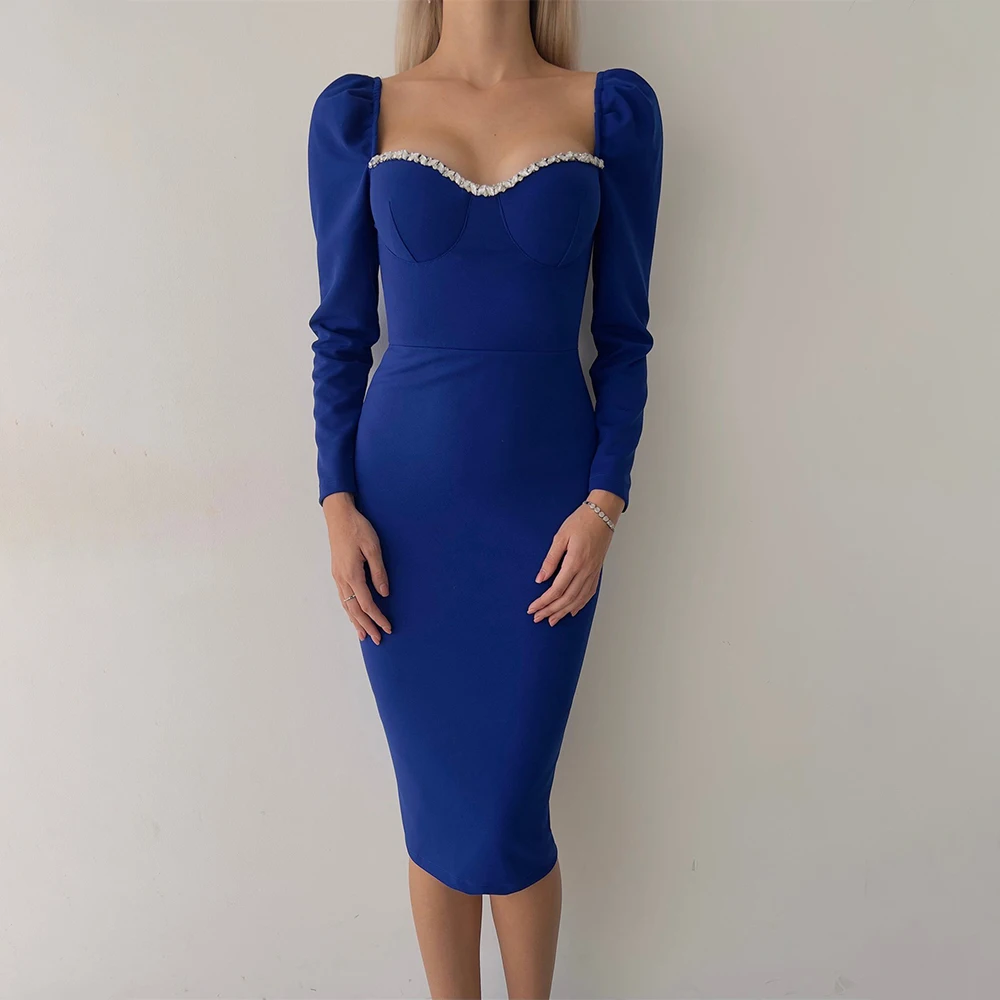 

Royal Blue Party Dresses for Women Crystal Sweetheart Long Sleeves Cocktail Gowns Knee Length Sheath/Column Short Cocktail Dress