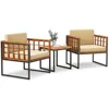 3 Pieces Patio Chair Set, Acacia Wood Outdoor Sofa Set with Metal Support, Soft Seat & Back Cushions Included, Cushions 1
