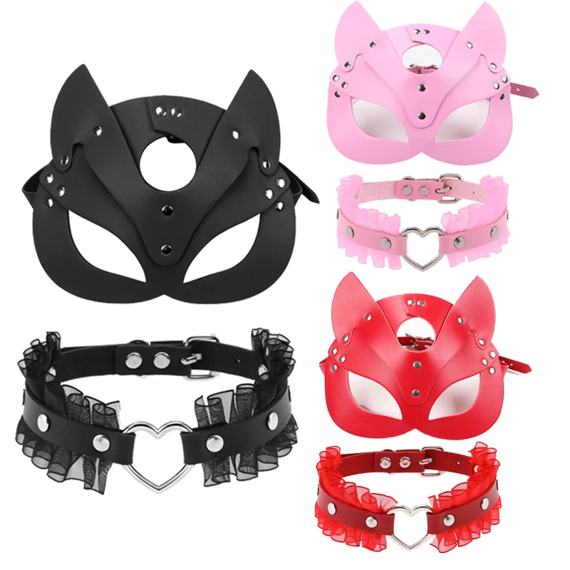 Women Sexy Leather Mask Half Face Fancy Masks Sex Toy Halloween Cat Mask Party Game Cosplay Masks With Collar Erotic Accessories