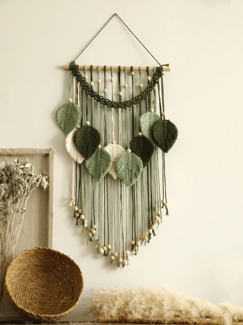 Tapisserie de feuilles multicolores tissées à la main, macramé Boho avec perles en bois, artisanat mural, décoration de la maison nordique, cadeau de fête des mères 1
