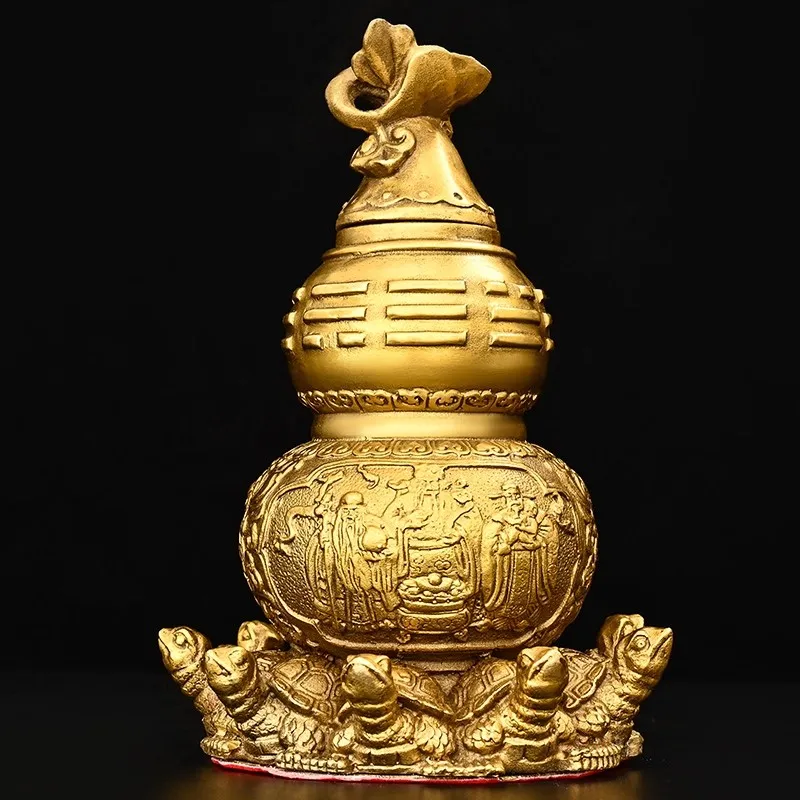 Antique Brass Tian Yi Gourd, 9 Tortoise Figurine for Wealth Health Blessing, Chinese Metaphysical Feng Shui Cure Collector Item