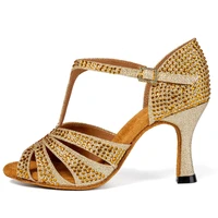 Latin Dance Shoes 2025 New Adult Women's Mid Heel 7.5cm Gold Diamond Set Soft Bottom Dance Shoes 2