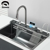 Shinesia Stainless Steel Kitchen Waterfall Sink Digital Display Large Single Sink Dish Basin Sink With Multifunction 1