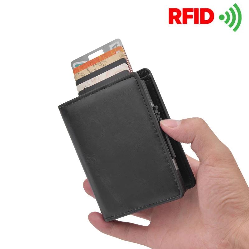 

Rfid Safe Theft-proof ID Credit Card Holder Automatically Aluminium Metal Wallet Purse Cartera PU Leather Men Money Bag кошелек