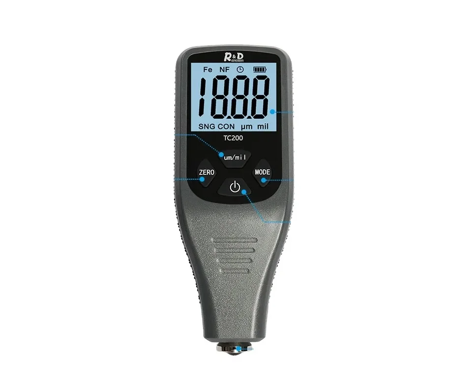 

TC200 Coating Thickness Gauge 0.1um/0-1500 Car Paint Film Tester Measuring FE/NFE Russian Manual Tool Grey