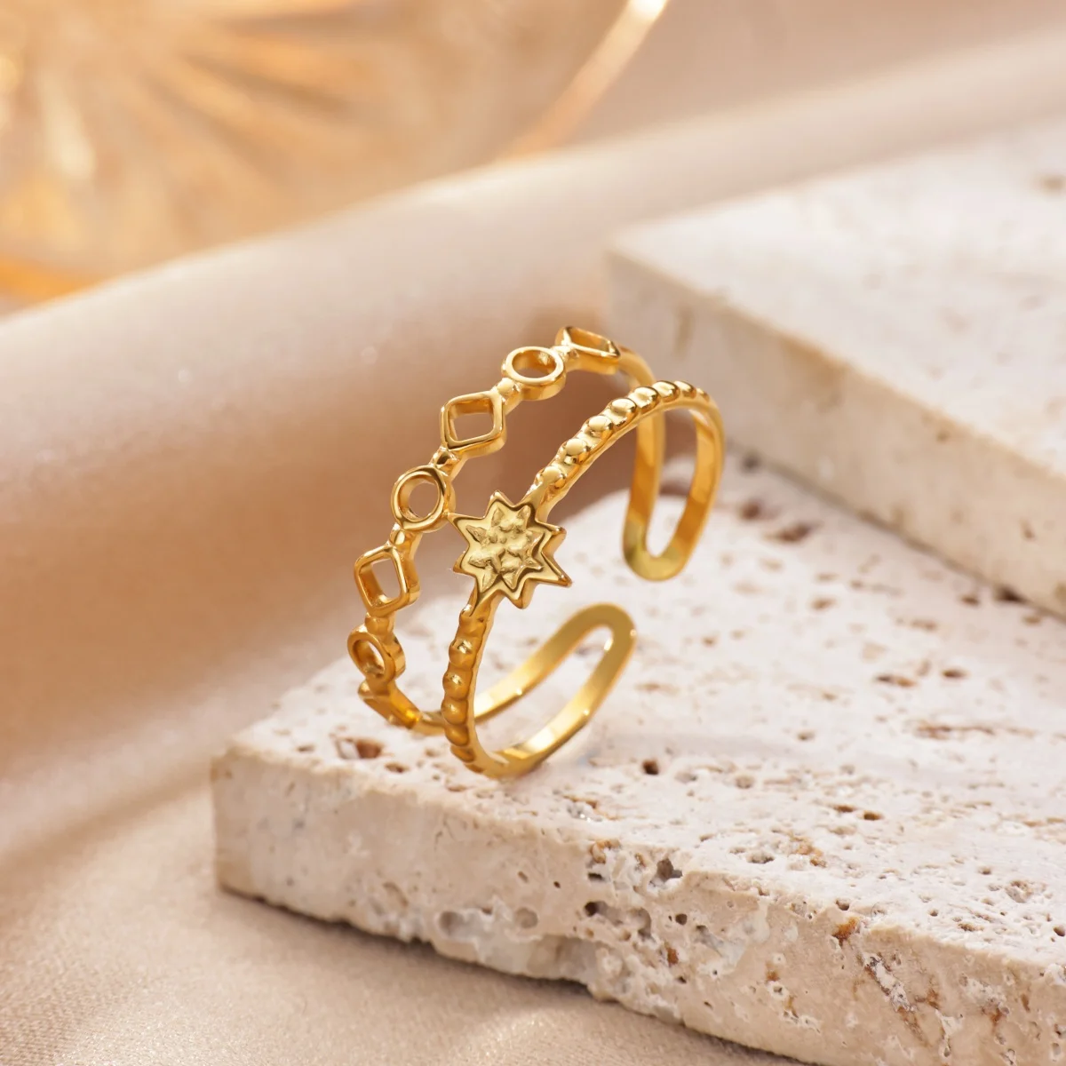 Zircon Starburst Rings For Women Gold Plated Stainless Steel Multi-Element Geometric Ring Wedding Party Aesthetic Jewelry Gift 5