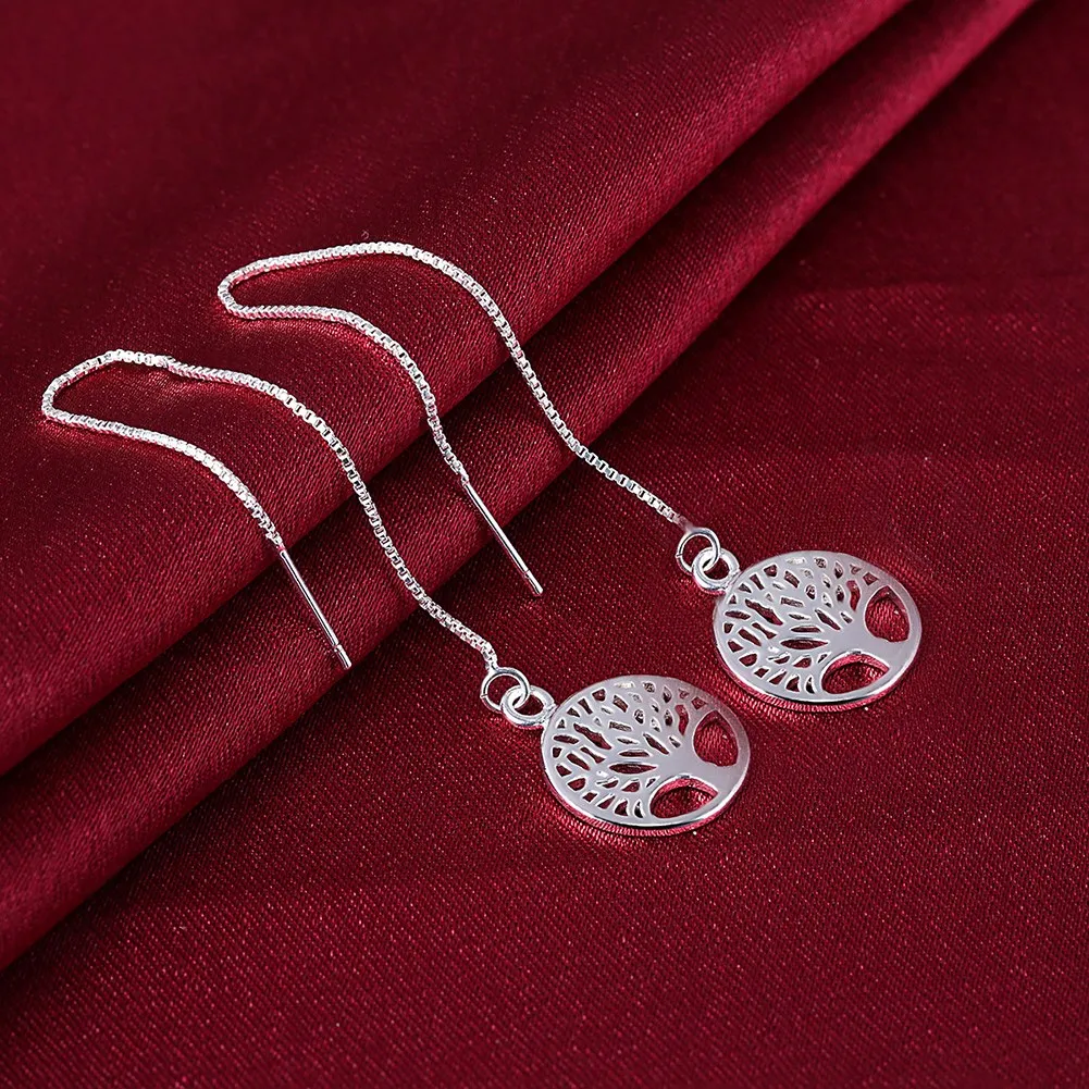 

Pretty 925 Sterling Silver Exquisite Round Tree Long Earrings for Women Fashion Party Wedding Jewelry Christmas Gifts Charms