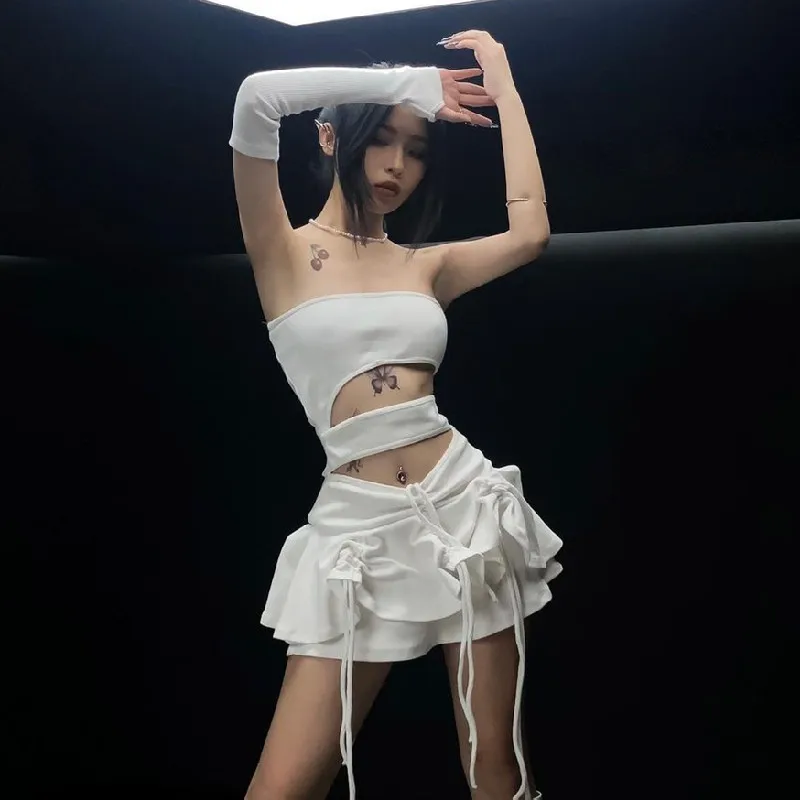 

Goth Dark Fairycore Elf Grunge Cute White Mini Dress Sexy Hollow Out Strapless Dresses for Women Drawstring Outfit with Glove